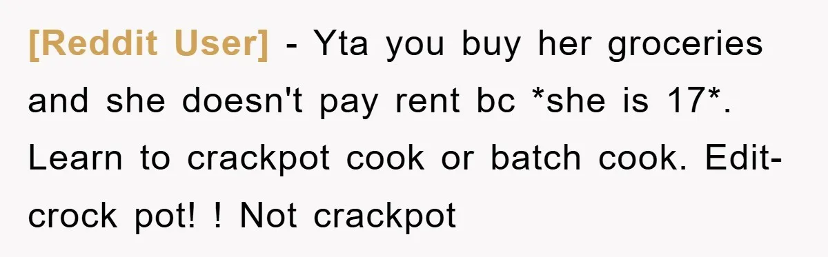 [Reddit User] − Yta you buy her groceries and she doesn't pay rent bc *she is 17*. Learn to crackpot cook or batch cook. Edit- crock pot! ! Not crackpot