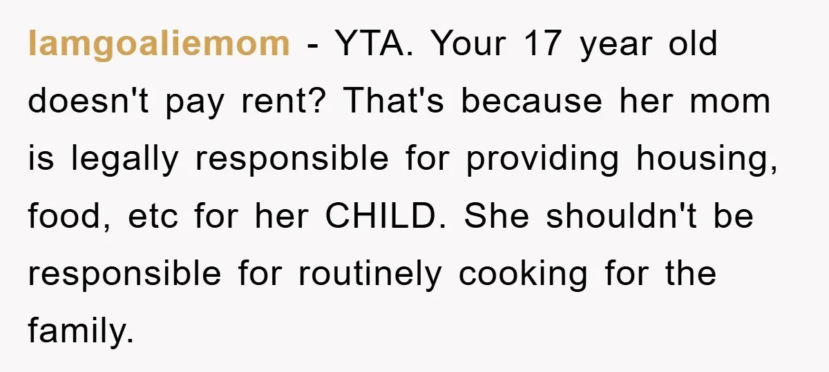Iamgoaliemom − YTA. Your 17 year old doesn't pay rent? That's because her mom is legally responsible for providing housing, food, etc for her CHILD. She shouldn't be responsible for...