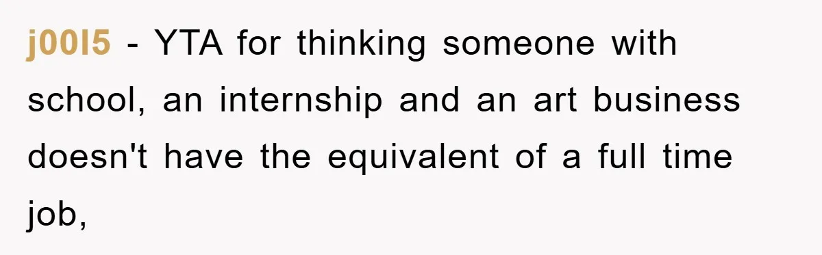 j00l5 − YTA for thinking someone with school, an internship and an art business doesn't have the equivalent of a full time job,