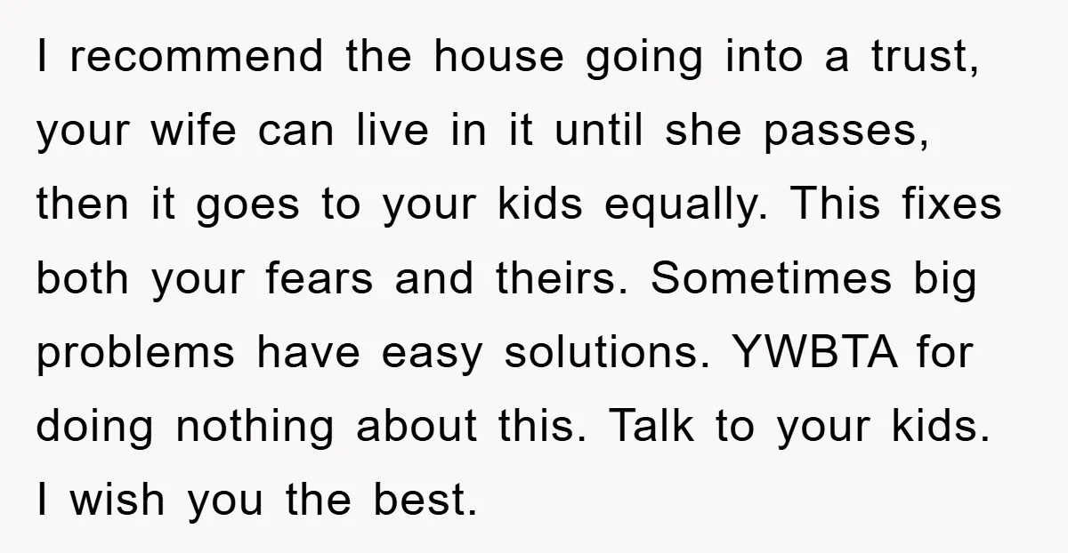 I recommend the house going into a trust, your wife can live in it until she passes, then it goes to your kids equally. This fixes both your fears and...