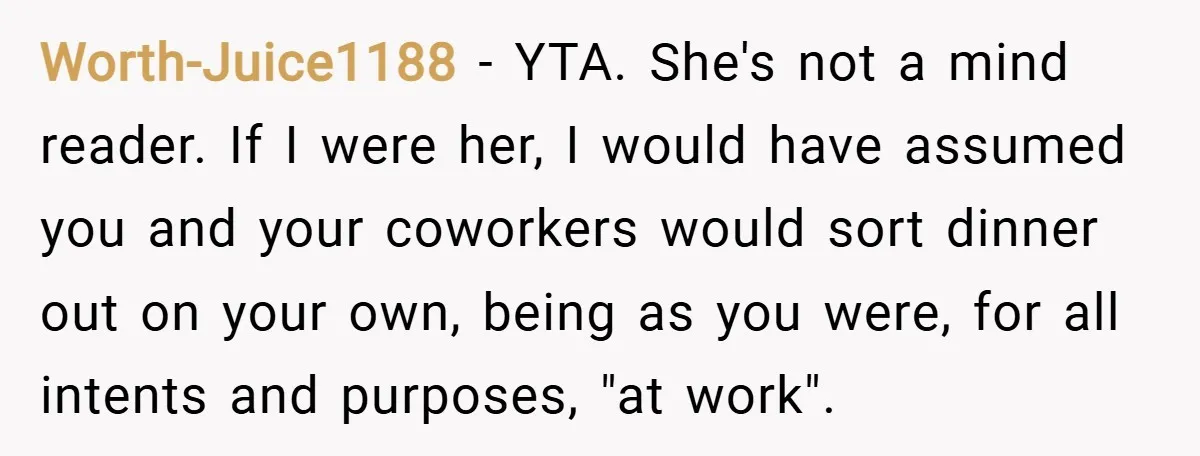 Worth-Juice1188 − YTA. She's not a mind reader. If I were her, I would have assumed you and your coworkers would sort dinner out on your own, being as you...