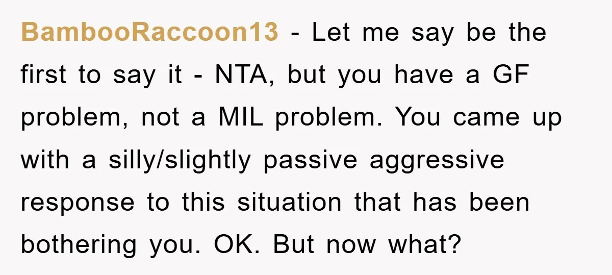 BambooRaccoon13 − Let me say be the first to say it - NTA, but you have a GF problem, not a MIL problem. You came up with a silly/slightly passive...