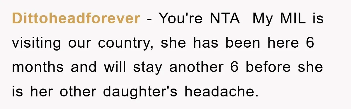 Dittoheadforever − You're NTA  My MIL is visiting our country, she has been here 6 months and will stay another 6 before she is her other daughter's headache.