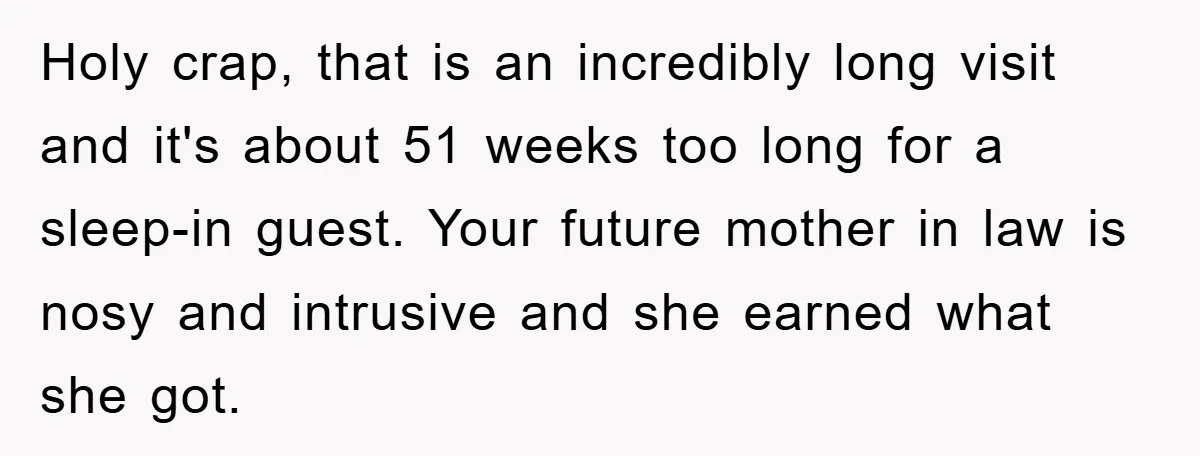 Holy crap, that is an incredibly long visit and it's about 51 weeks too long for a sleep-in guest. Your future mother in law is nosy and intrusive and she...