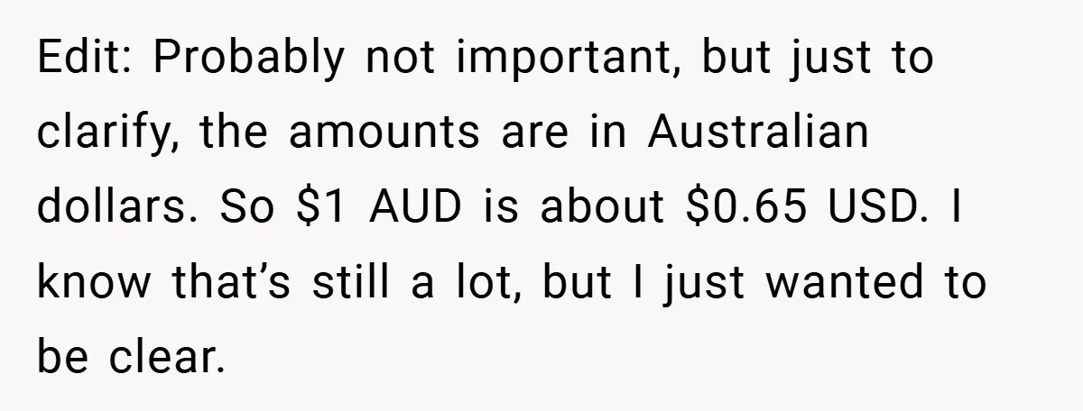 Edit: Probably not important, but just to clarify, the amounts are in Australian dollars. So $1 AUD is about $0.65 USD. I know that’s still a lot, but I just...