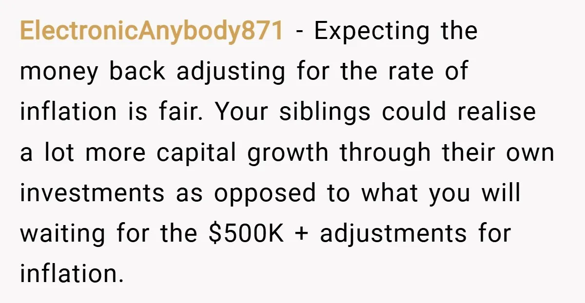 ElectronicAnybody871 − Expecting the money back adjusting for the rate of inflation is fair. Your siblings could realise a lot more capital growth through their own investments as opposed to...