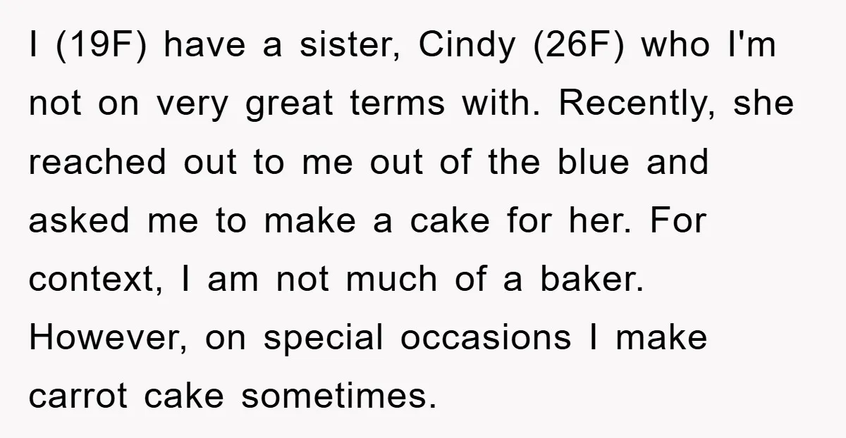 I (19F) have a sister, Cindy (26F) who I'm not on very great terms with. Recently, she reached out to me out of the blue and asked me to make...