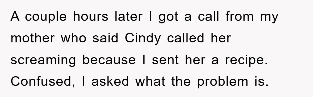 A couple hours later I got a call from my mother who said Cindy called her screaming because I sent her a recipe. Confused, I asked what the problem is.