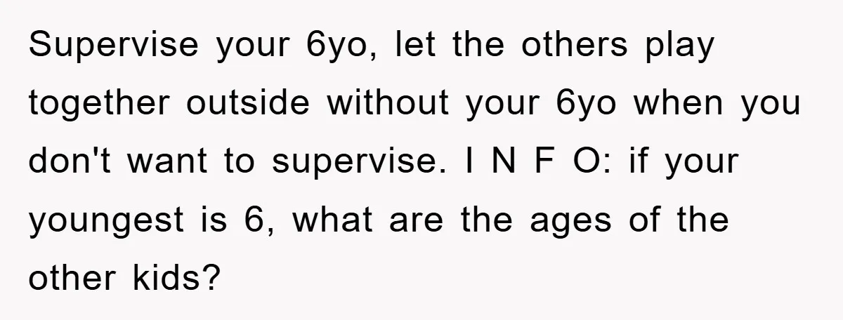 Supervise your 6yo, let the others play together outside without your 6yo when you don't want to supervise. I N F O: if your youngest is 6, what are the...