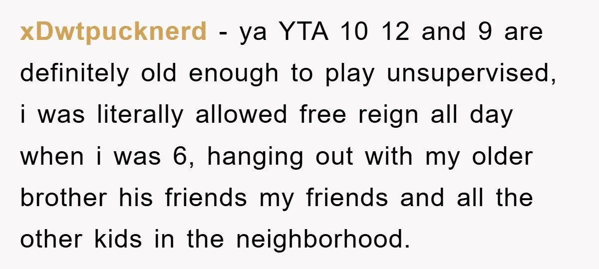 xDwtpucknerd − ya YTA 10 12 and 9 are definitely old enough to play unsupervised, i was literally allowed free reign all day when i was 6, hanging out with...