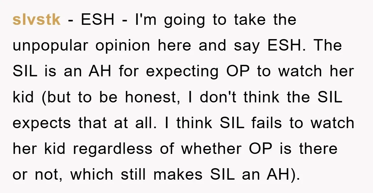 slvstk − ESH - I'm going to take the unpopular opinion here and say ESH. The SIL is an AH for expecting OP to watch her kid (but to be...