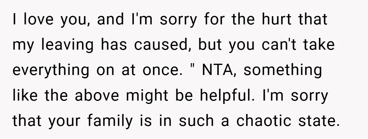 I love you, and I'm sorry for the hurt that my leaving has caused, but you can't take everything on at once. " NTA, something like the above might be...