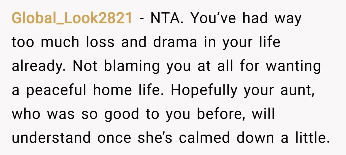 Global_Look2821 − NTA. You’ve had way too much loss and drama in your life already. Not blaming you at all for wanting a peaceful home life. Hopefully your aunt, who...