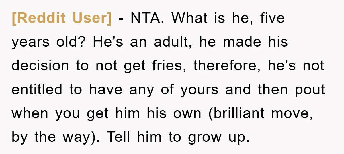 [Reddit User] − NTA. What is he, five years old? He's an adult, he made his decision to not get fries, therefore, he's not entitled to have any of yours...
