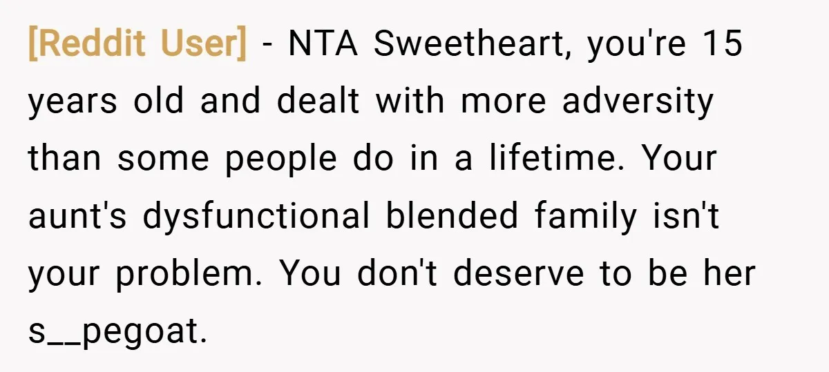 [Reddit User] − NTA Sweetheart, you're 15 years old and dealt with more adversity than some people do in a lifetime. Your aunt's dysfunctional blended family isn't your problem. You...