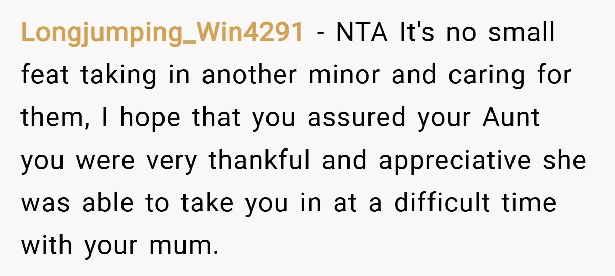 Longjumping_Win4291 − NTA It's no small feat taking in another minor and caring for them, I hope that you assured your Aunt you were very thankful and appreciative she was...