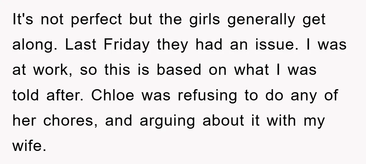 It's not perfect but the girls generally get along. Last Friday they had an issue. I was at work, so this is based on what I was told after. Chloe...