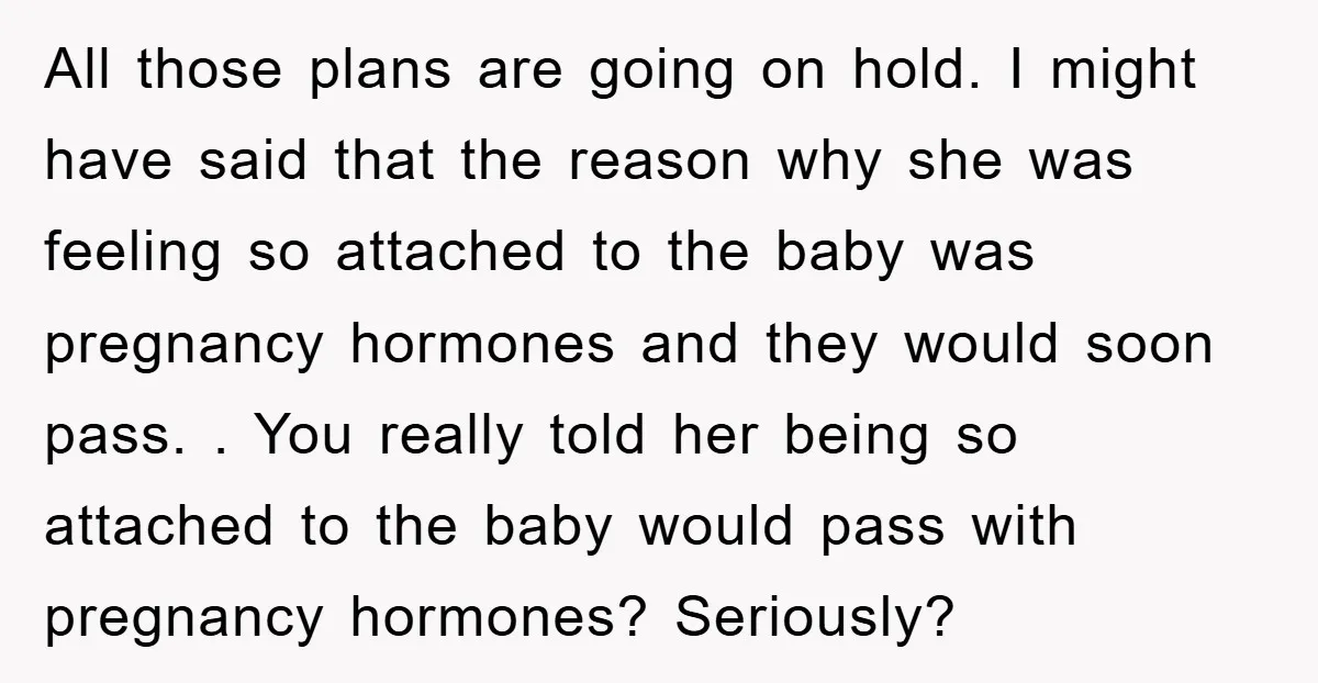 All those plans are going on hold. I might have said that the reason why she was feeling so attached to the baby was pregnancy hormones and they would soon...