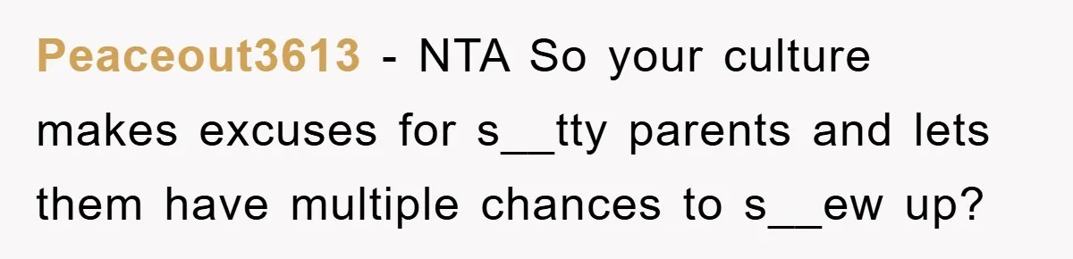 Peaceout3613 − NTA So your culture makes excuses for s__tty parents and lets them have multiple chances to s__ew up?
