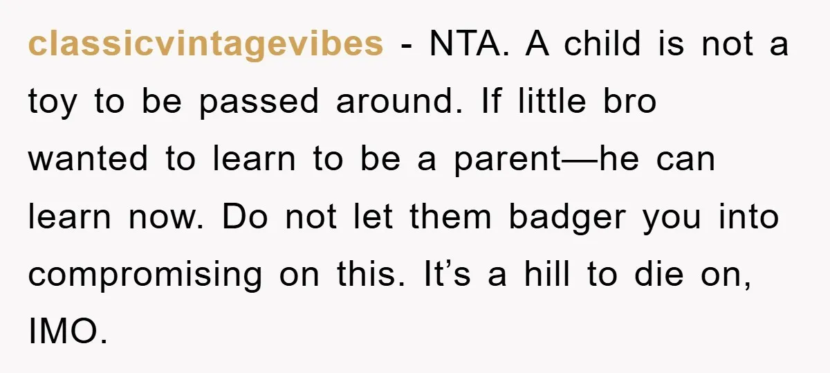 classicvintagevibes − NTA. A child is not a toy to be passed around. If little bro wanted to learn to be a parent—he can learn now. Do not let them...