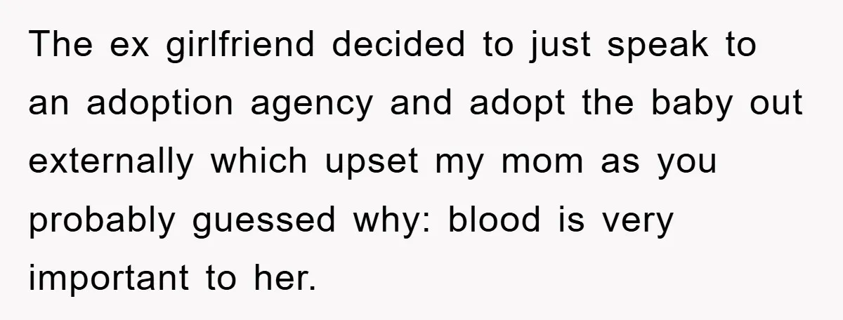 The ex girlfriend decided to just speak to an adoption agency and adopt the baby out externally which upset my mom as you probably guessed why: blood is very important...