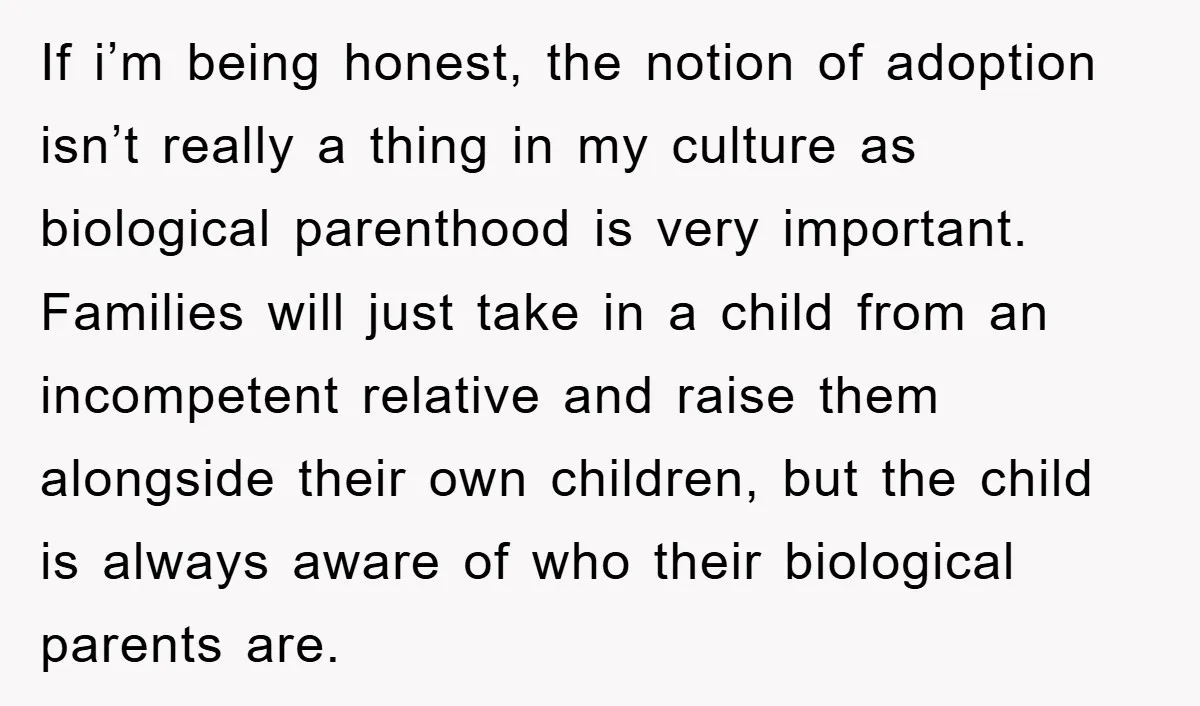 If i’m being honest, the notion of adoption isn’t really a thing in my culture as biological parenthood is very important. Families will just take in a child from an...