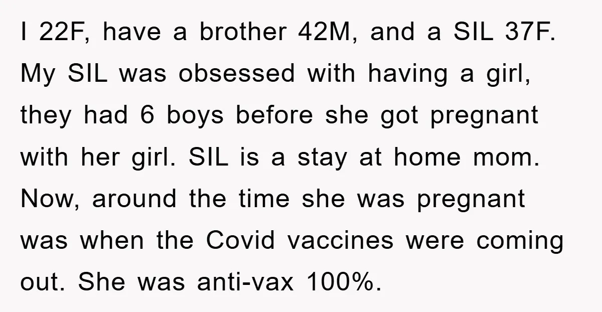 I 22F, have a brother 42M, and a SIL 37F. My SIL was obsessed with having a girl, they had 6 boys before she got pregnant with her girl. SIL...