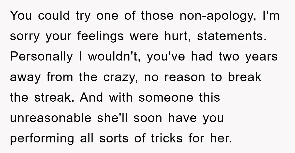 You could try one of those non-apology, I'm sorry your feelings were hurt, statements. Personally I wouldn't, you've had two years away from the crazy, no reason to break the...
