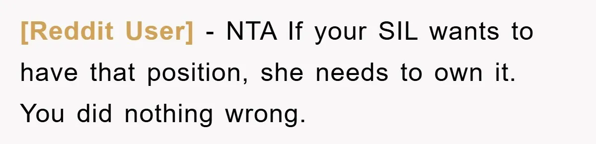 [Reddit User] − NTA If your SIL wants to have that position, she needs to own it. You did nothing wrong.