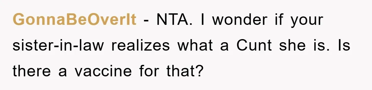 GonnaBeOverIt − NTA. I wonder if your sister-in-law realizes what a Cunt she is. Is there a vaccine for that?