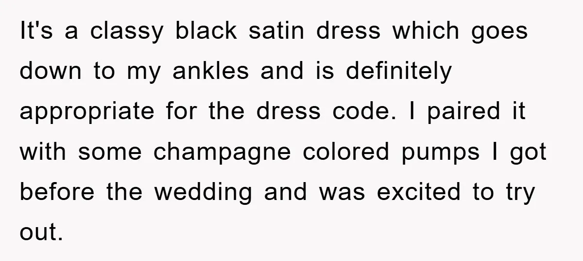 It's a classy black satin dress which goes down to my ankles and is definitely appropriate for the dress code. I paired it with some champagne colored pumps I got...