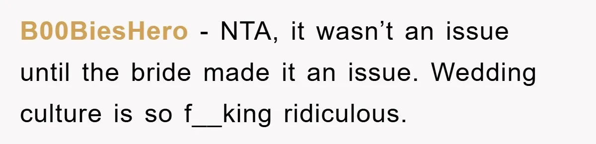 B00BiesHero − NTA, it wasn’t an issue until the bride made it an issue. Wedding culture is so f__king ridiculous.