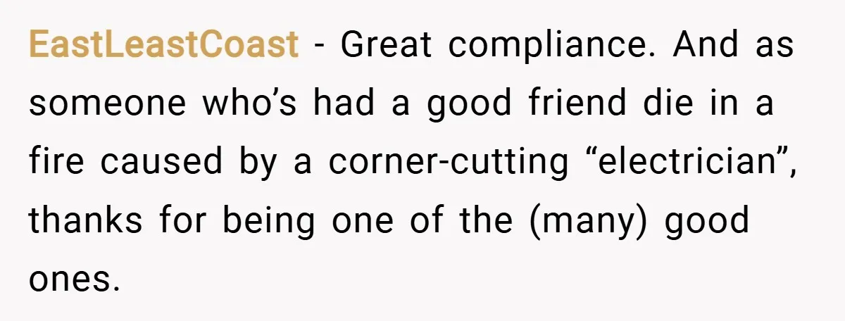 EastLeastCoast − Great compliance. And as someone who’s had a good friend die in a fire caused by a corner-cutting “electrician”, thanks for being one of the (many) good ones.