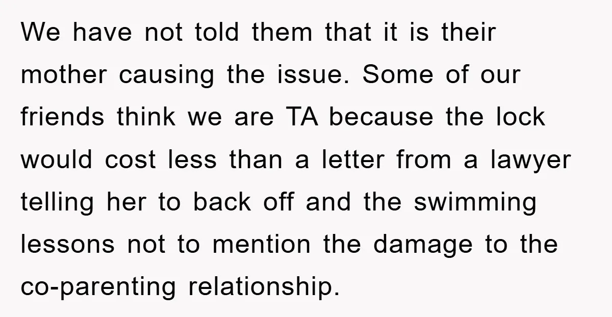 We have not told them that it is their mother causing the issue. Some of our friends think we are TA because the lock would cost less than a letter...