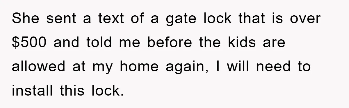 She sent a text of a gate lock that is over $500 and told me before the kids are allowed at my home again, I will need to install this...