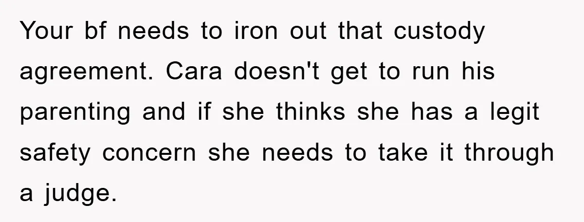 Your bf needs to iron out that custody agreement. Cara doesn't get to run his parenting and if she thinks she has a legit safety concern she needs to take...