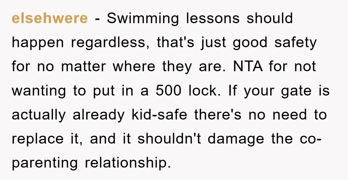 elsehwere − Swimming lessons should happen regardless, that's just good safety for no matter where they are. NTA for not wanting to put in a 500 lock. If your gate...
