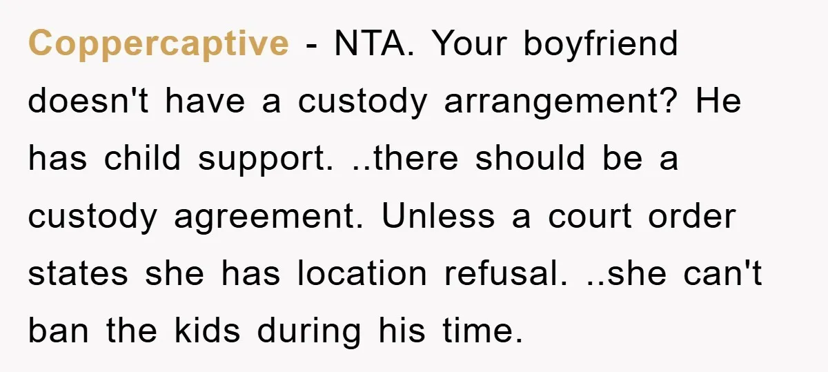 Coppercaptive − NTA. Your boyfriend doesn't have a custody arrangement? He has child support. ..there should be a custody agreement. Unless a court order states she has location refusal. ..she...
