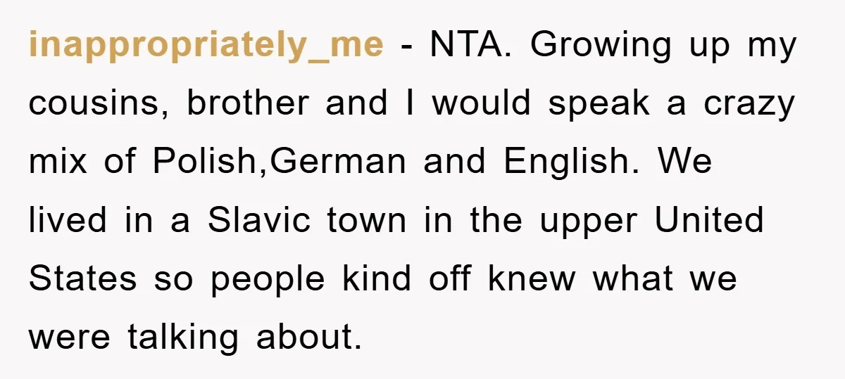 inappropriately_me − NTA. Growing up my cousins, brother and I would speak a crazy mix of Polish,German and English. We lived in a Slavic town in the upper United States...