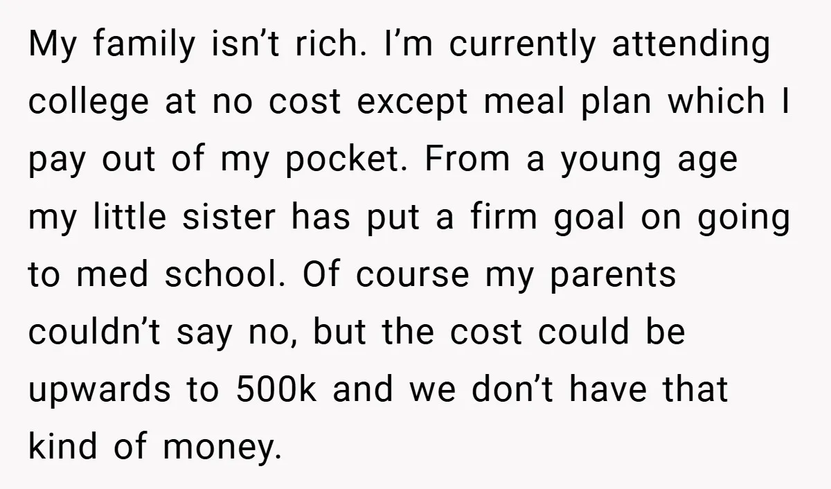 My family isn’t rich. I’m currently attending college at no cost except meal plan which I pay out of my pocket. From a young age my little sister has put...