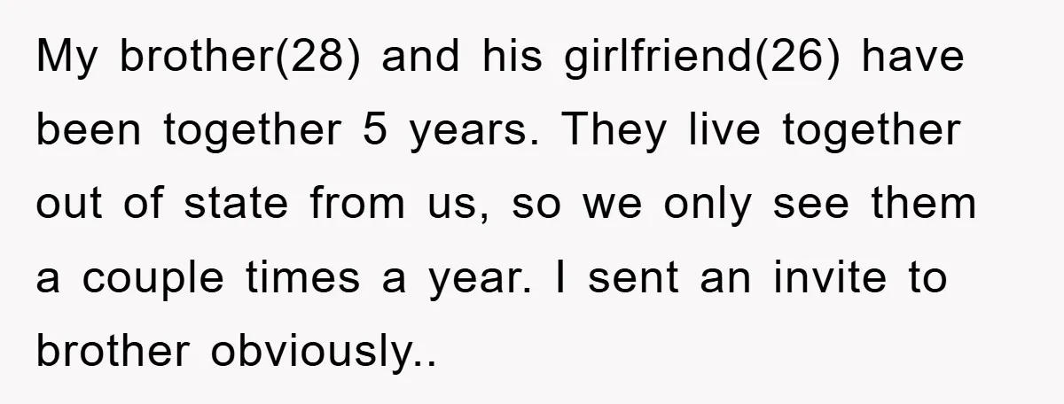 My brother(28) and his girlfriend(26) have been together 5 years. They live together out of state from us, so we only see them a couple times a year. I sent...