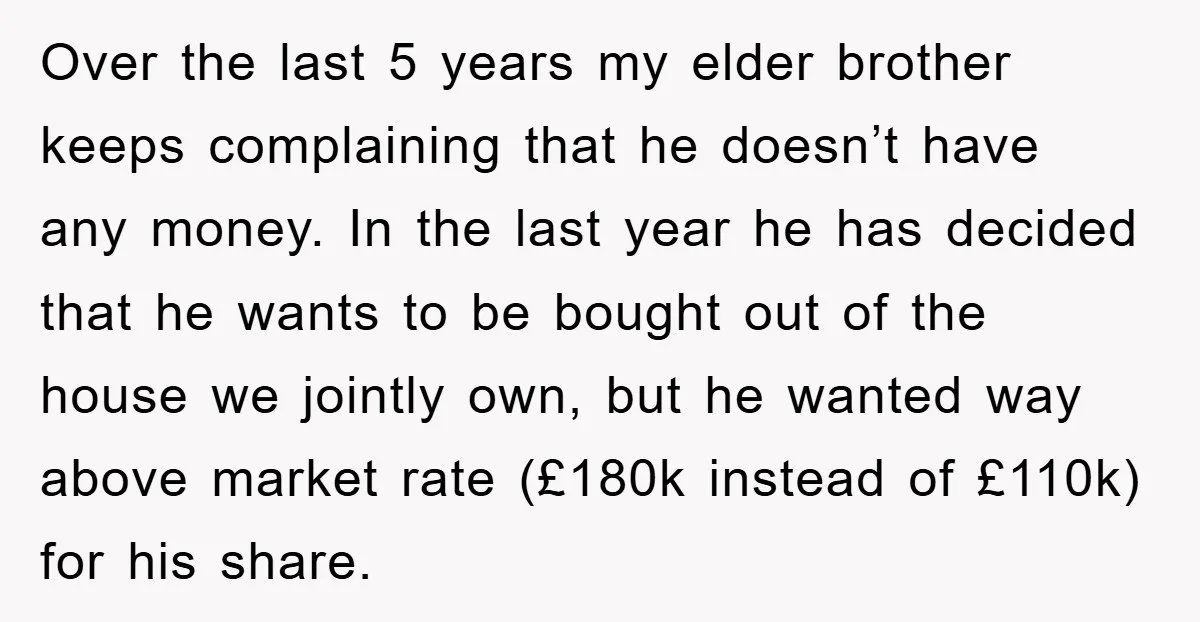 Over the last 5 years my elder brother keeps complaining that he doesn’t have any money. In the last year he has decided that he wants to be bought out...