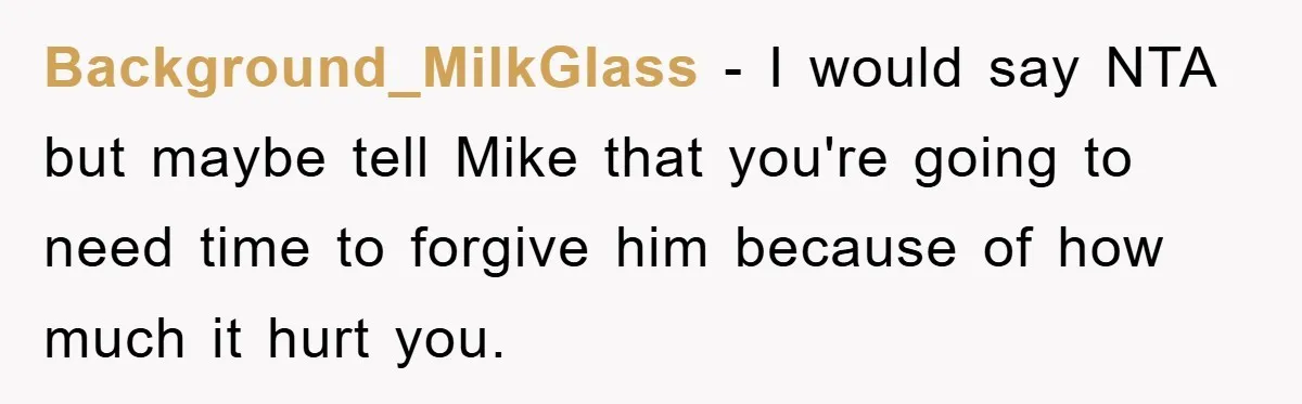 Background_MilkGlass − I would say NTA but maybe tell Mike that you're going to need time to forgive him because of how much it hurt you.