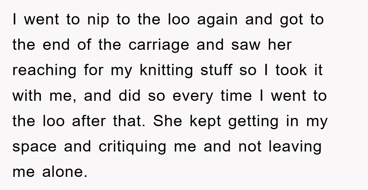I went to nip to the loo again and got to the end of the carriage and saw her reaching for my knitting stuff so I took it with me,...