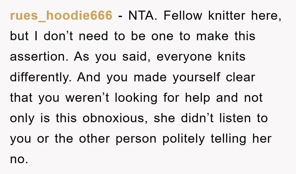 rues_hoodie666 − NTA. Fellow knitter here, but I don’t need to be one to make this assertion. As you said, everyone knits differently. And you made yourself clear that you...