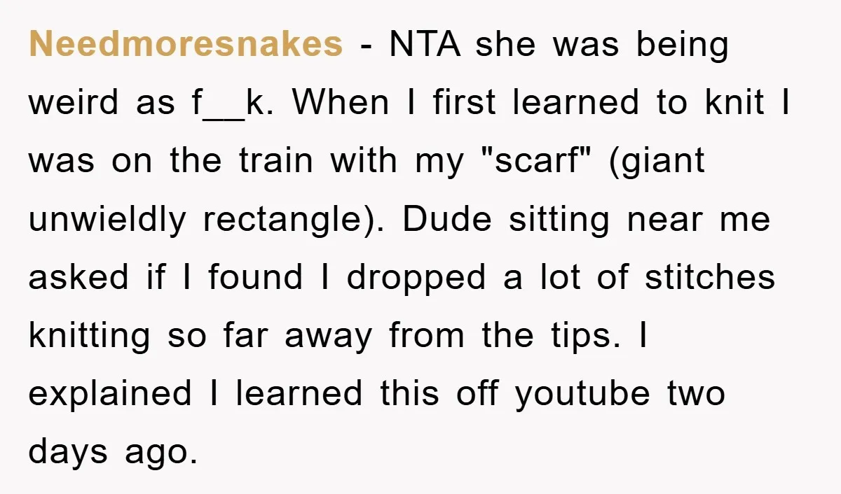Needmoresnakes − NTA she was being weird as f__k. When I first learned to knit I was on the train with my "scarf" (giant unwieldly rectangle). Dude sitting near me...