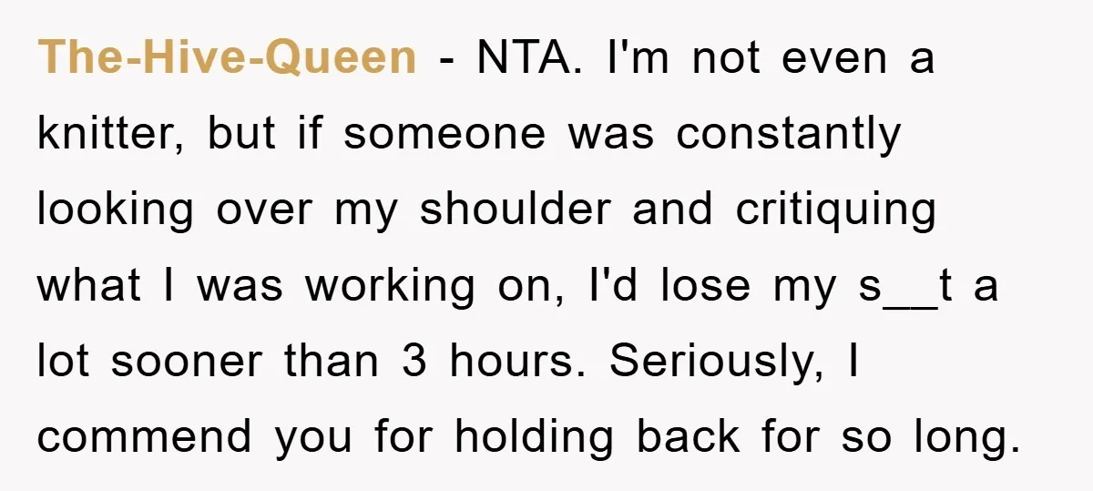 The-Hive-Queen − NTA. I'm not even a knitter, but if someone was constantly looking over my shoulder and critiquing what I was working on, I'd lose my s__t a lot...