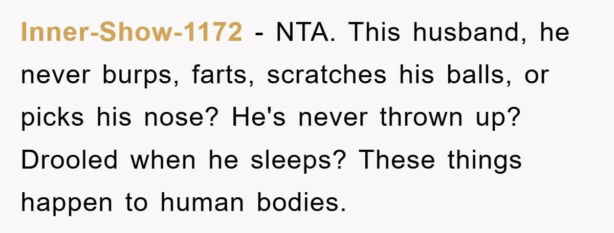 Inner-Show-1172 − NTA. This husband, he never burps, farts, scratches his balls, or picks his nose? He's never thrown up? Drooled when he sleeps? These things happen to human bodies.