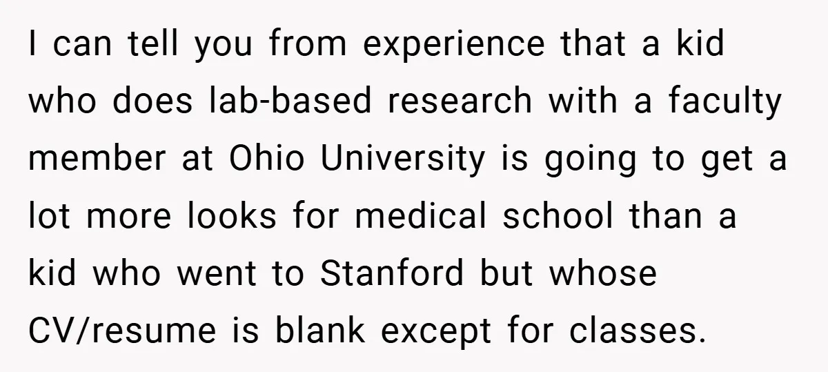 I can tell you from experience that a kid who does lab-based research with a faculty member at Ohio University is going to get a lot more looks for medical...