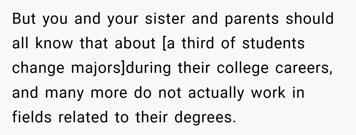 But you and your sister and parents should all know that about [a third of students change majors]during their college careers, and many more do not actually work in fields...